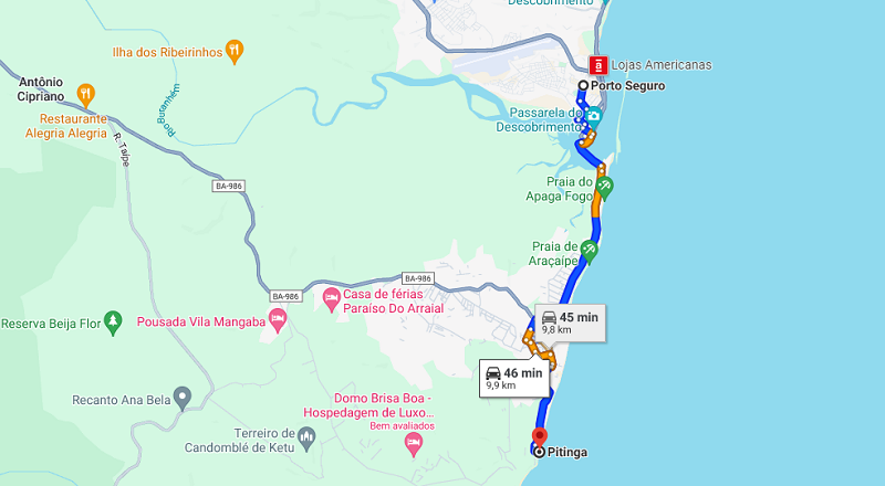 Praia da Pitinga até Porto Seguro: Mapa Praia da Pitinga até Porto Seguro: Mapa