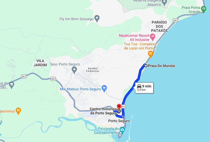 Da praia do Mundaí até o centro turístico de Porto Seguro: Mapa Da praia do Mundaí até o centro turístico de Porto Seguro: Mapa